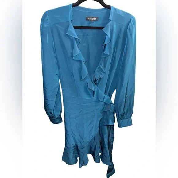 Intermix teal jewel aviana tone wrap ruffle dress in silk - Picture 2 of 6